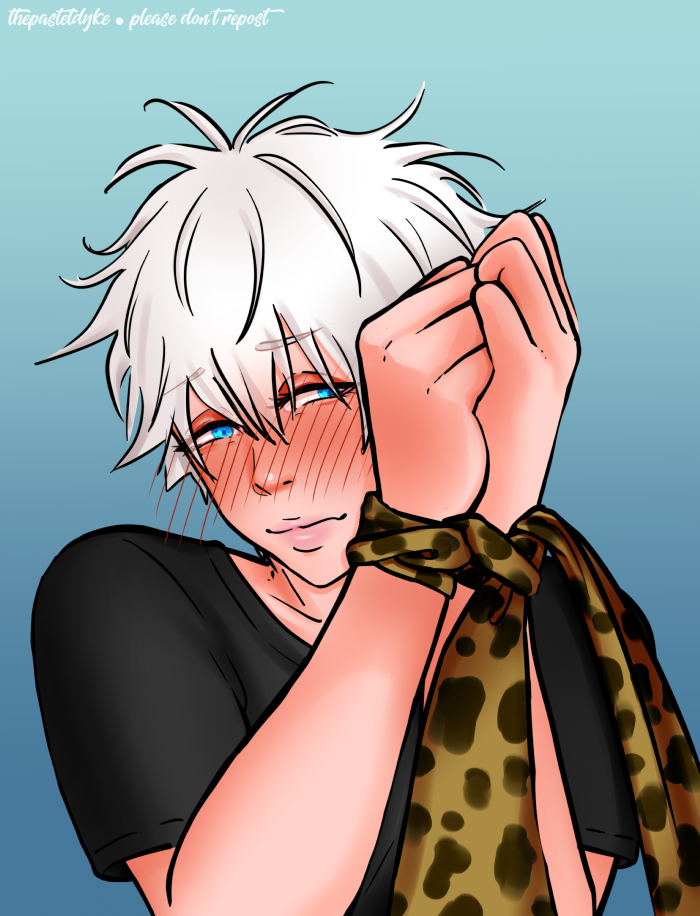 Gojo from Jujutsu Kaisen attempting to hide his face a little behind his hands. His wrists are tied with Nanami's tie. He's blushing, looking off to the side.